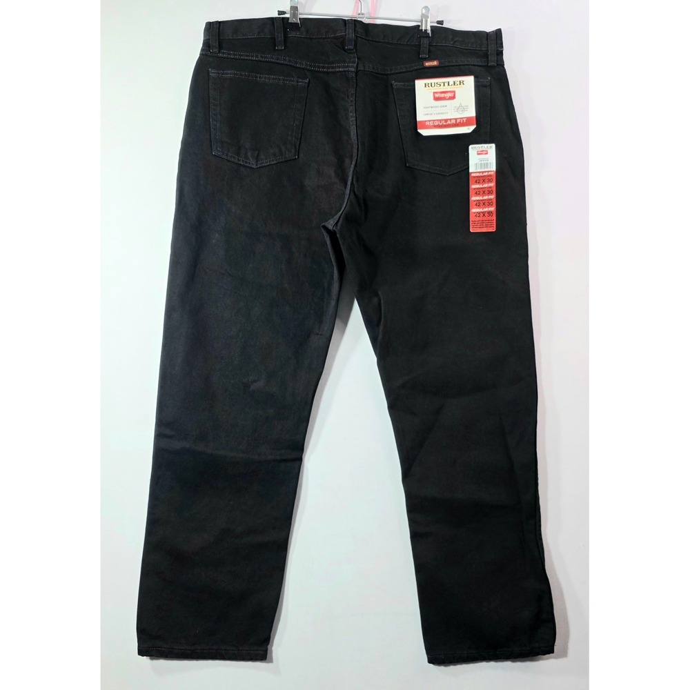 NWT Rustler Wrangler Mens 42x30 Black Regular Fit Straight Leg Heavyweight Jeans